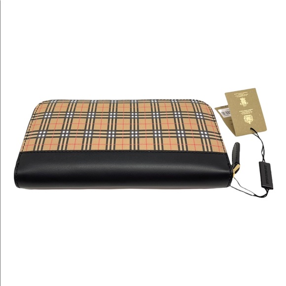 Burberry New Black Check Signature Large Zip Around Logo Leather Wallet - Picture 4 of 13